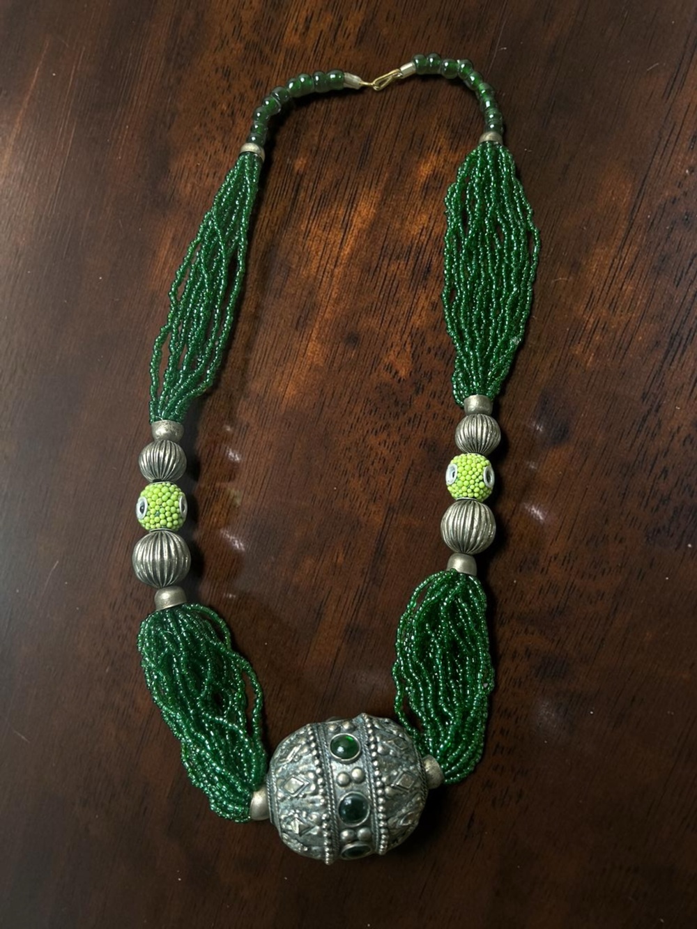 Statement Green Beaded Necklace Silver-Tone Focal Bead